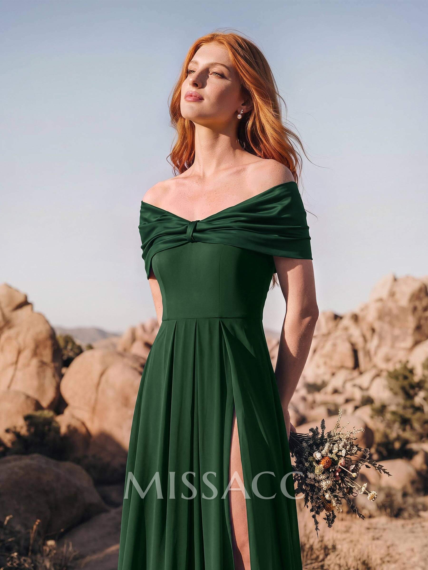 A-Line Off-The-Shoulder Short Sleeve Floor-Length Stretch Chiffon/Stretch Satin Bridesmaid Dresses With High Slit