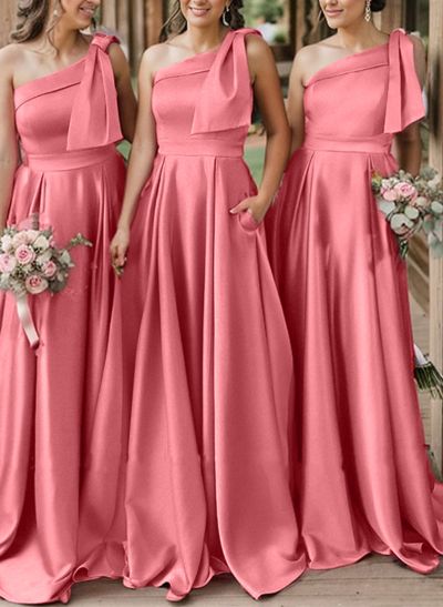 A-Line One-Shoulder Sleeveless Satin Bridesmaid Dresses With Bow(s)