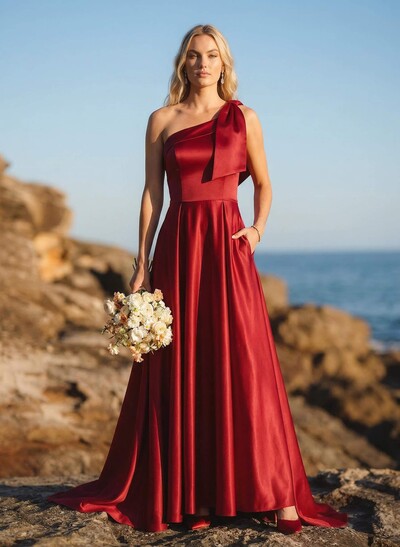 A-Line One-Shoulder Sleeveless Satin Bridesmaid Dresses With Bow(s)