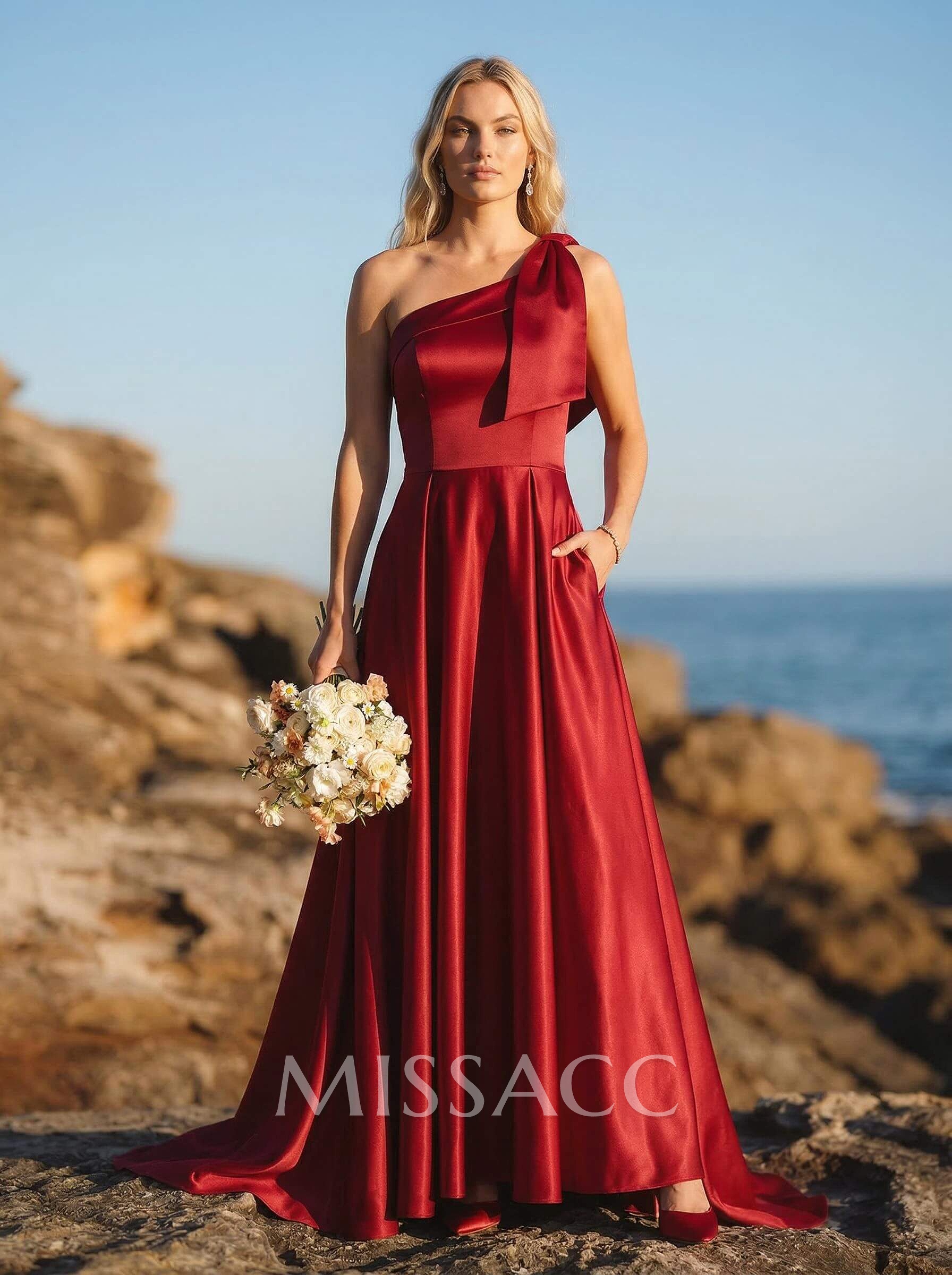 A-Line One-Shoulder Sleeveless Satin Bridesmaid Dresses With Bow(s)