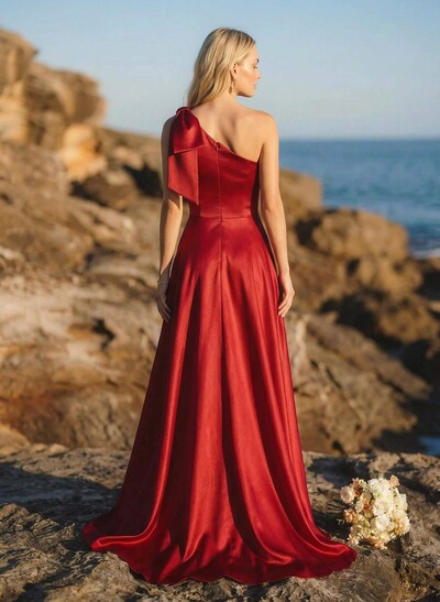A-Line One-Shoulder Sleeveless Satin Bridesmaid Dresses With Bow(s)