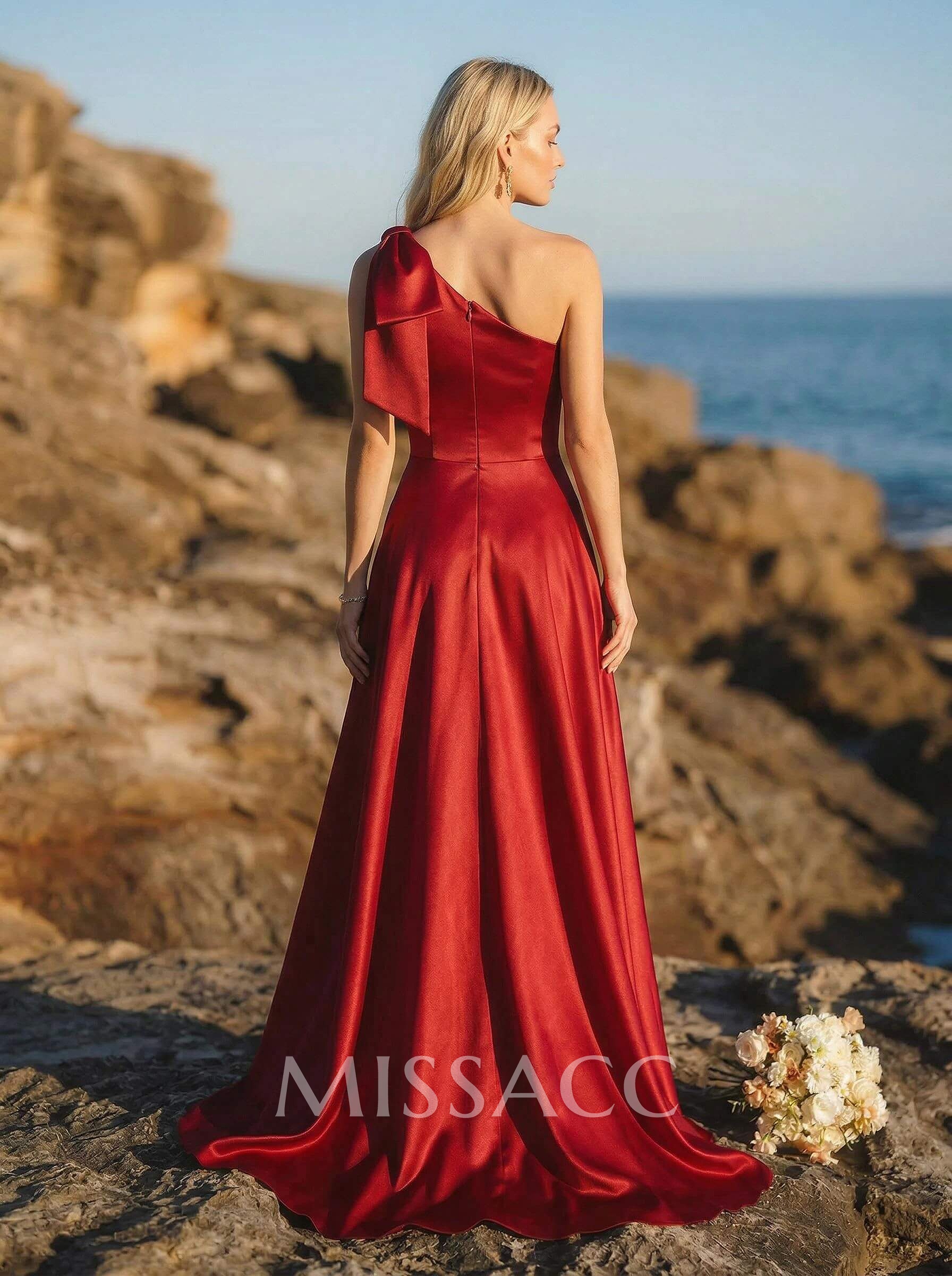 A-Line One-Shoulder Sleeveless Satin Bridesmaid Dresses With Bow(s)