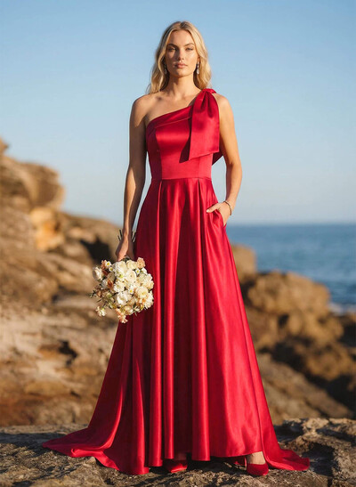 A-Line One-Shoulder Sleeveless Satin Bridesmaid Dresses With Bow(s)