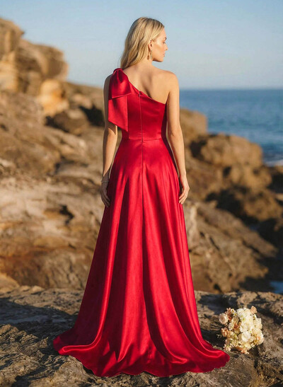 A-Line One-Shoulder Sleeveless Satin Bridesmaid Dresses With Bow(s)