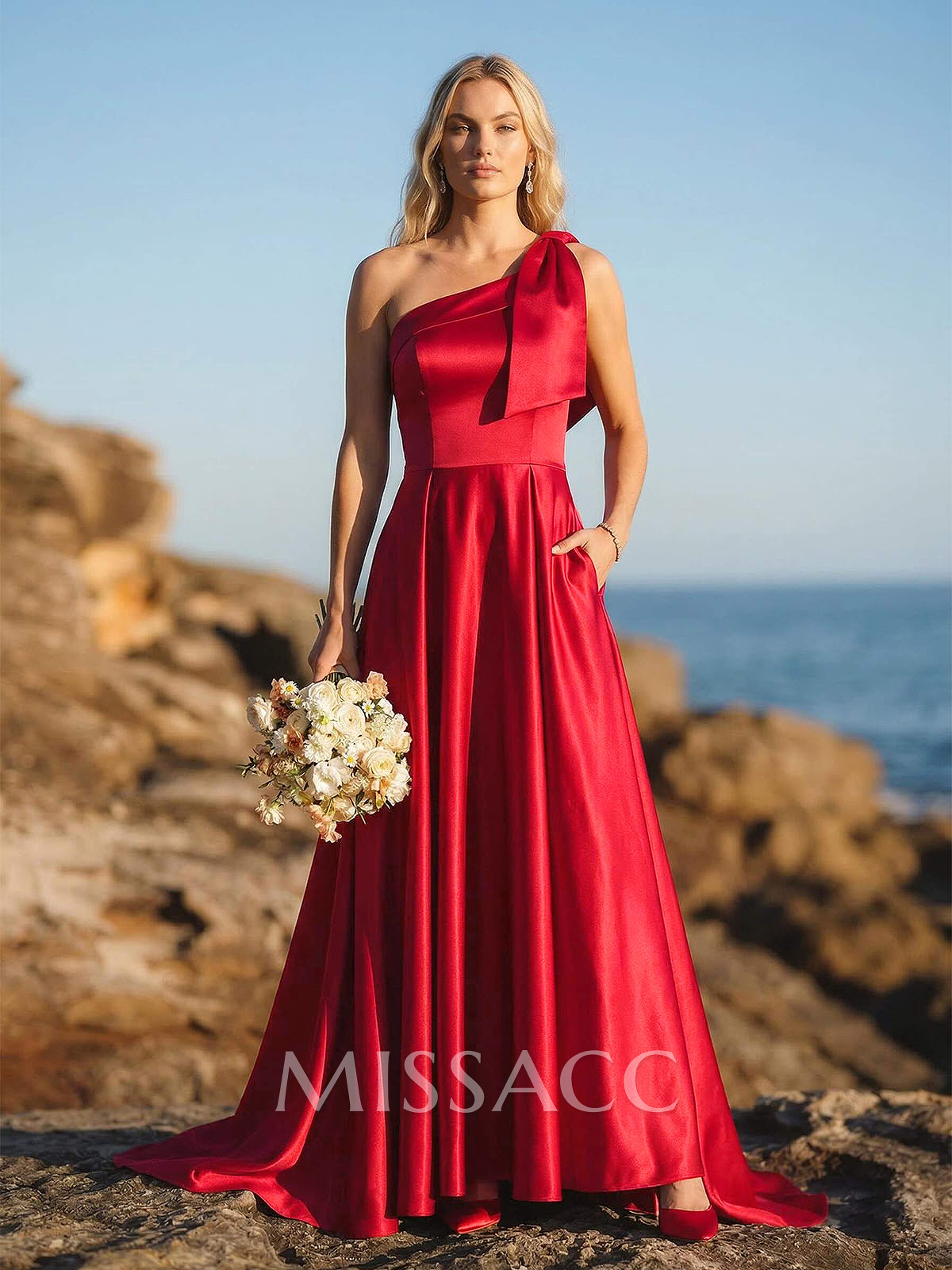 A-Line One-Shoulder Sleeveless Satin Bridesmaid Dresses With Bow(s)
