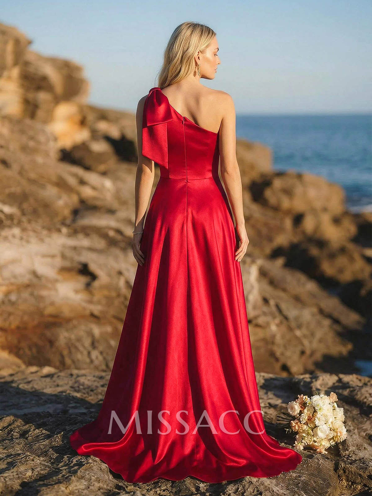 A-Line One-Shoulder Sleeveless Satin Bridesmaid Dresses With Bow(s)