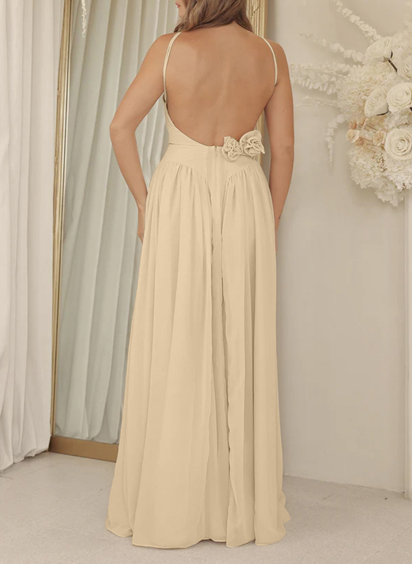 A-Line Halter Sleeveless Floor-Length Chiffon Bridesmaid Dresses With Flower(s)