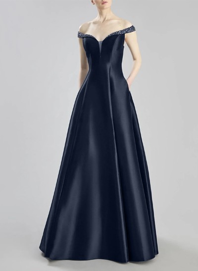 A-Line Off-The-Shoulder Sleeveless Satin Bridesmaid Dresses With Pockets