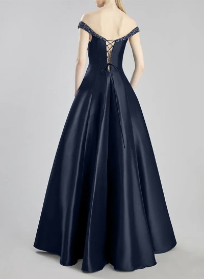 A-Line Off-The-Shoulder Sleeveless Satin Bridesmaid Dresses With Pockets