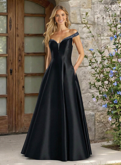A-Line Off-The-Shoulder Sleeveless Satin Bridesmaid Dresses With Pockets