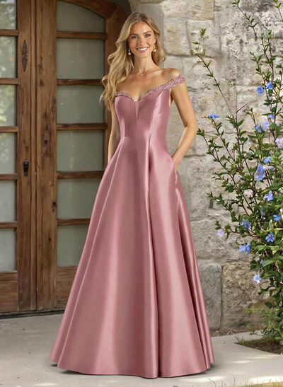 A-Line Off-The-Shoulder Sleeveless Satin Bridesmaid Dresses With Pockets