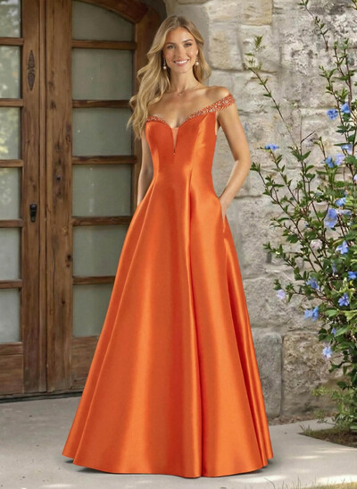 A-Line Off-The-Shoulder Sleeveless Satin Bridesmaid Dresses With Pockets
