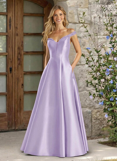 A-Line Off-The-Shoulder Sleeveless Satin Bridesmaid Dresses With Pockets