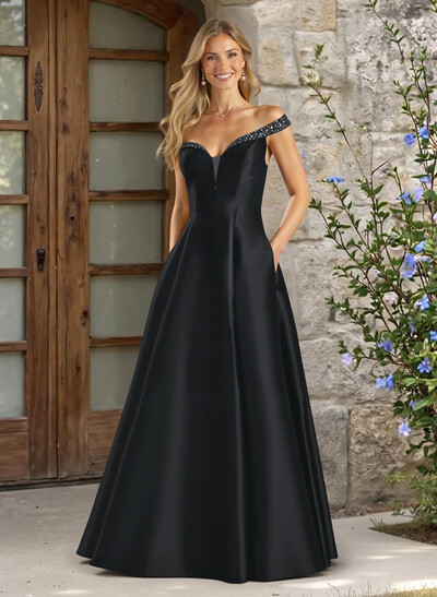 A-Line Off-The-Shoulder Sleeveless Satin Bridesmaid Dresses With Pockets