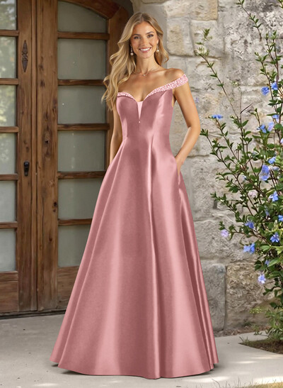 A-Line Off-The-Shoulder Sleeveless Satin Bridesmaid Dresses With Pockets