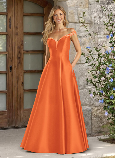 A-Line Off-The-Shoulder Sleeveless Satin Bridesmaid Dresses With Pockets