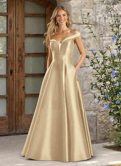 A-Line Off-The-Shoulder Sleeveless Satin Bridesmaid Dresses With Pockets