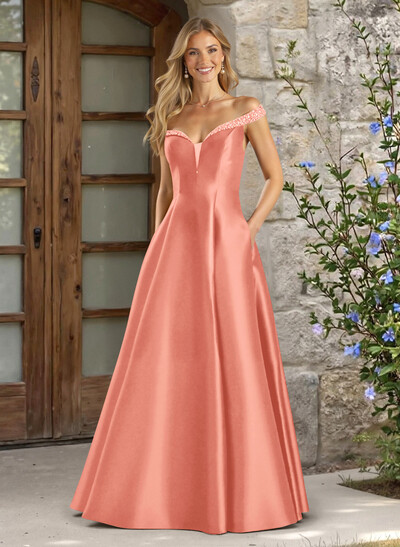 A-Line Off-The-Shoulder Sleeveless Satin Bridesmaid Dresses With Pockets