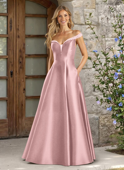 A-Line Off-The-Shoulder Sleeveless Satin Bridesmaid Dresses With Pockets