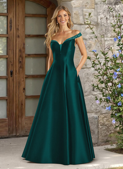 A-Line Off-The-Shoulder Sleeveless Satin Bridesmaid Dresses With Pockets