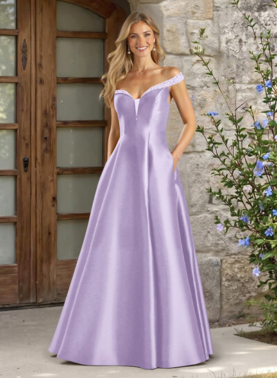 A-Line Off-The-Shoulder Sleeveless Satin Bridesmaid Dresses With Pockets