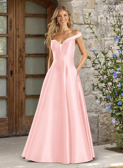 A-Line Off-The-Shoulder Sleeveless Satin Bridesmaid Dresses With Pockets