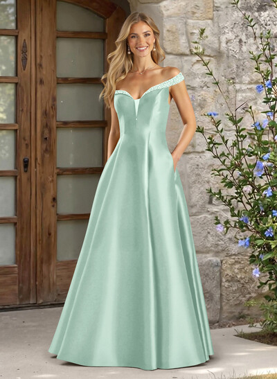 A-Line Off-The-Shoulder Sleeveless Satin Bridesmaid Dresses With Pockets