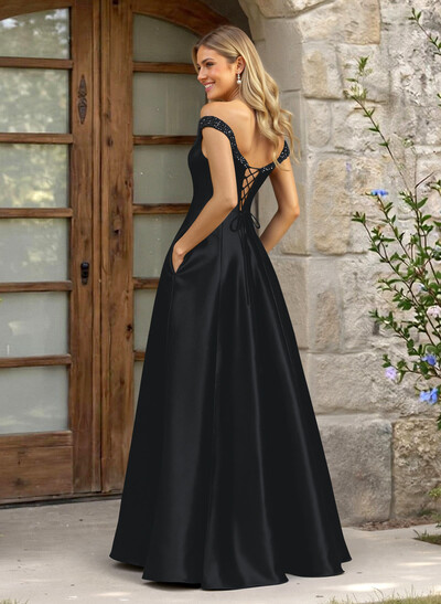 A-Line Off-The-Shoulder Sleeveless Satin Bridesmaid Dresses With Pockets