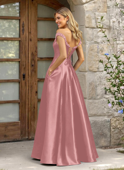 A-Line Off-The-Shoulder Sleeveless Satin Bridesmaid Dresses With Pockets