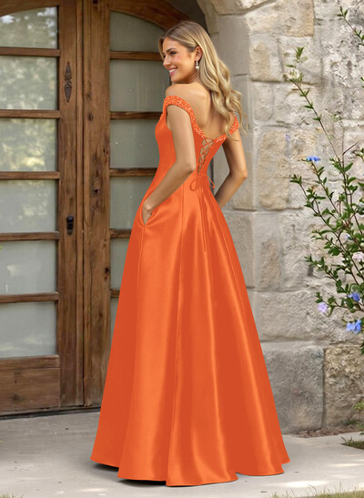 A-Line Off-The-Shoulder Sleeveless Satin Bridesmaid Dresses With Pockets