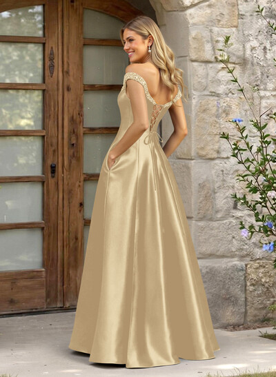 A-Line Off-The-Shoulder Sleeveless Satin Bridesmaid Dresses With Pockets