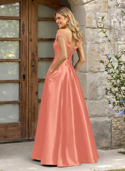 A-Line Off-The-Shoulder Sleeveless Satin Bridesmaid Dresses With Pockets