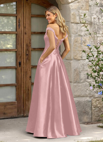 A-Line Off-The-Shoulder Sleeveless Satin Bridesmaid Dresses With Pockets