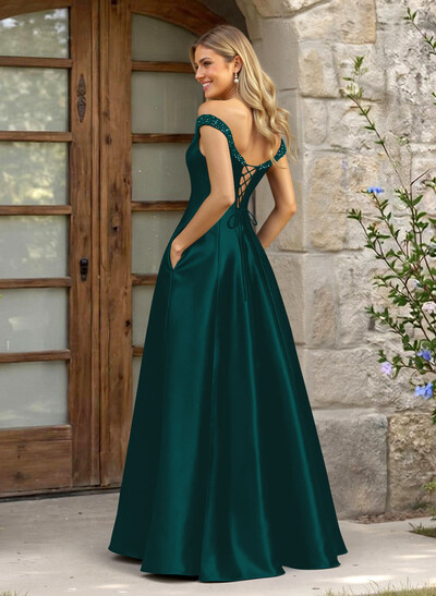 A-Line Off-The-Shoulder Sleeveless Satin Bridesmaid Dresses With Pockets