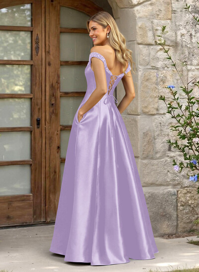 A-Line Off-The-Shoulder Sleeveless Satin Bridesmaid Dresses With Pockets
