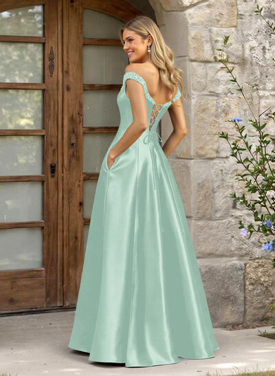 A-Line Off-The-Shoulder Sleeveless Satin Bridesmaid Dresses With Pockets