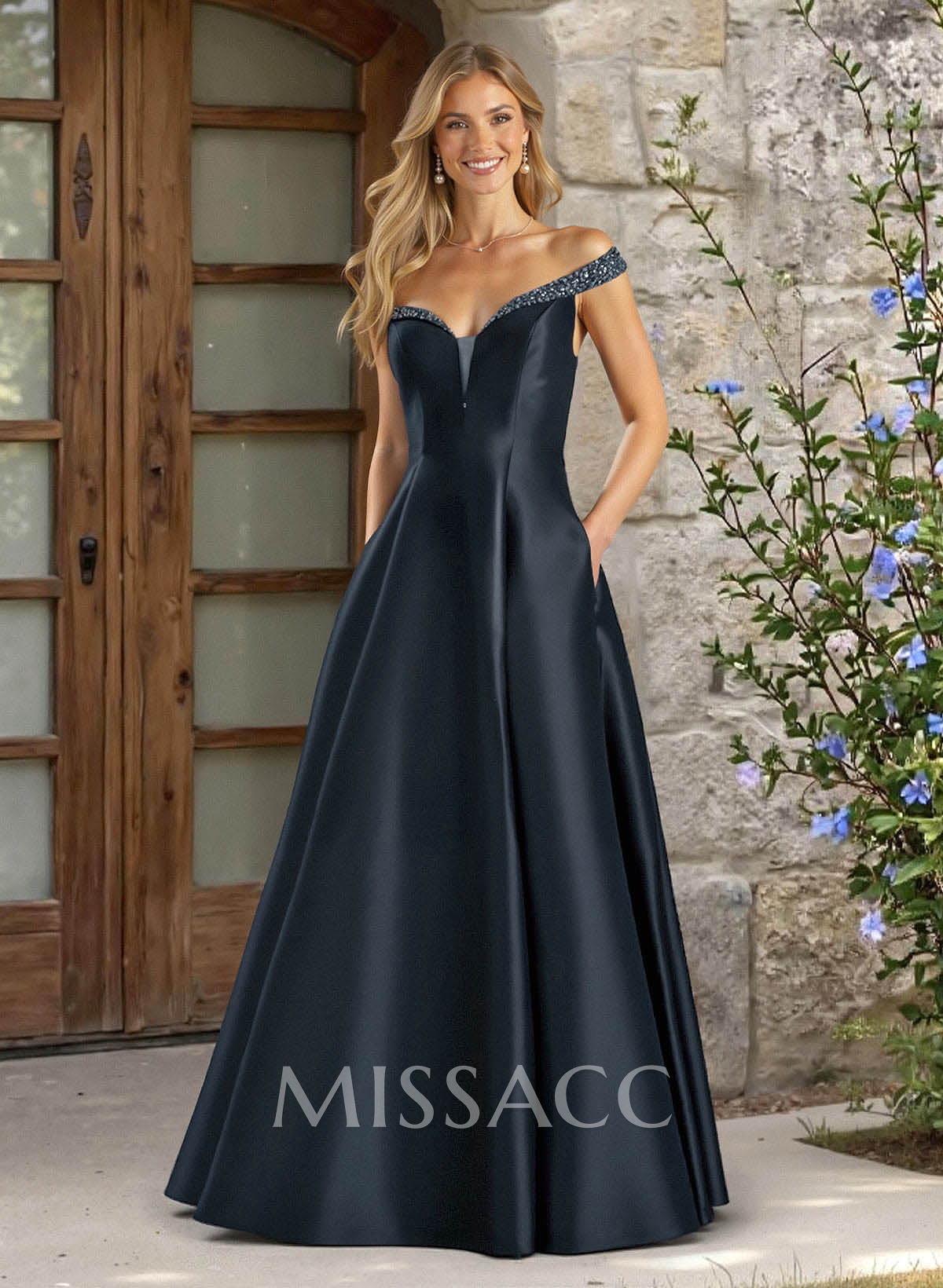 A-Line Off-The-Shoulder Sleeveless Satin Bridesmaid Dresses With Pockets A-Line Off-The-Shoulder Sleeveless Satin Bridesmaid Dresses With Pockets
