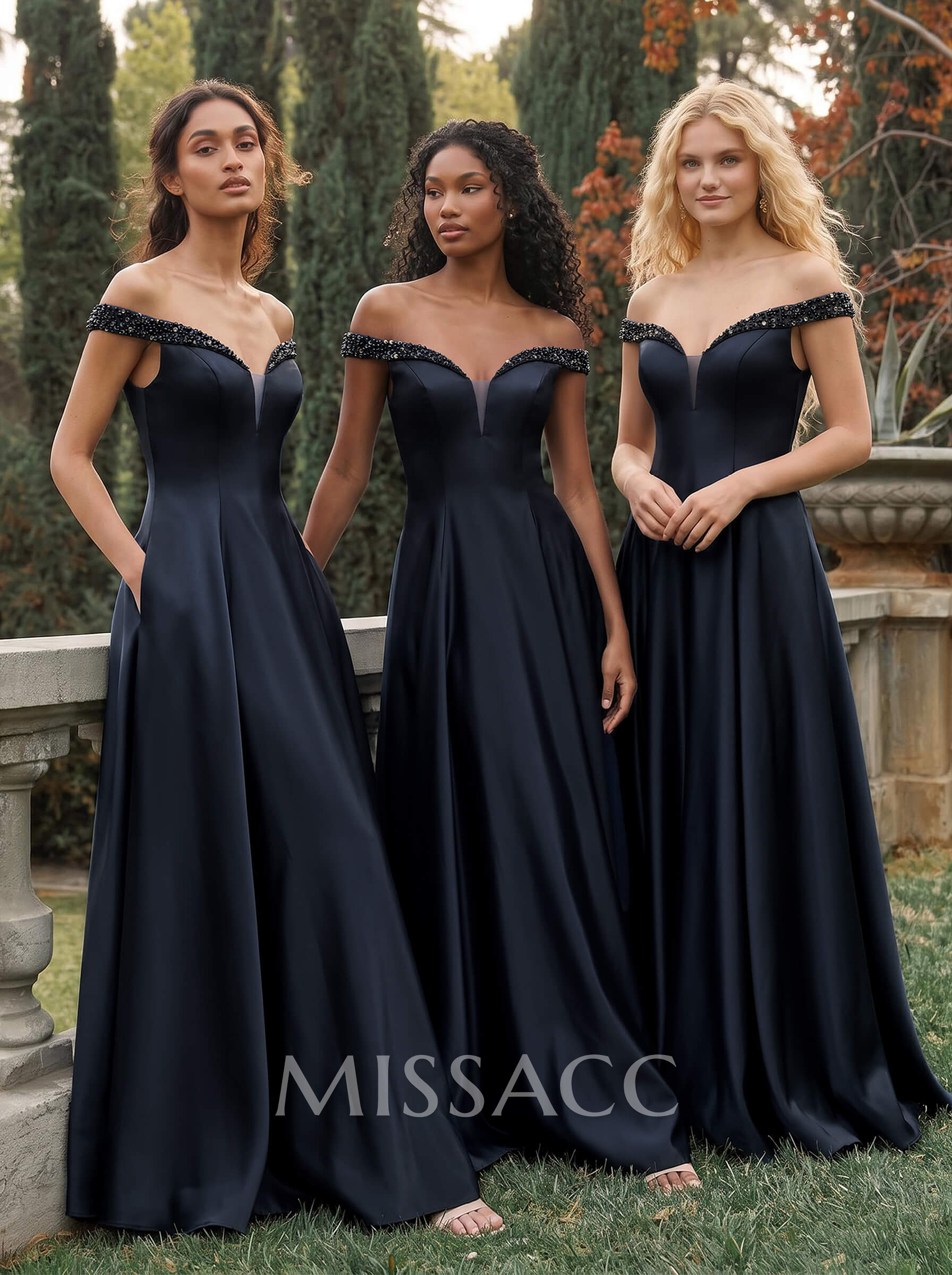 A-Line Off-The-Shoulder Sleeveless Satin Bridesmaid Dresses With Pockets A-Line Off-The-Shoulder Sleeveless Satin Bridesmaid Dresses With Pockets