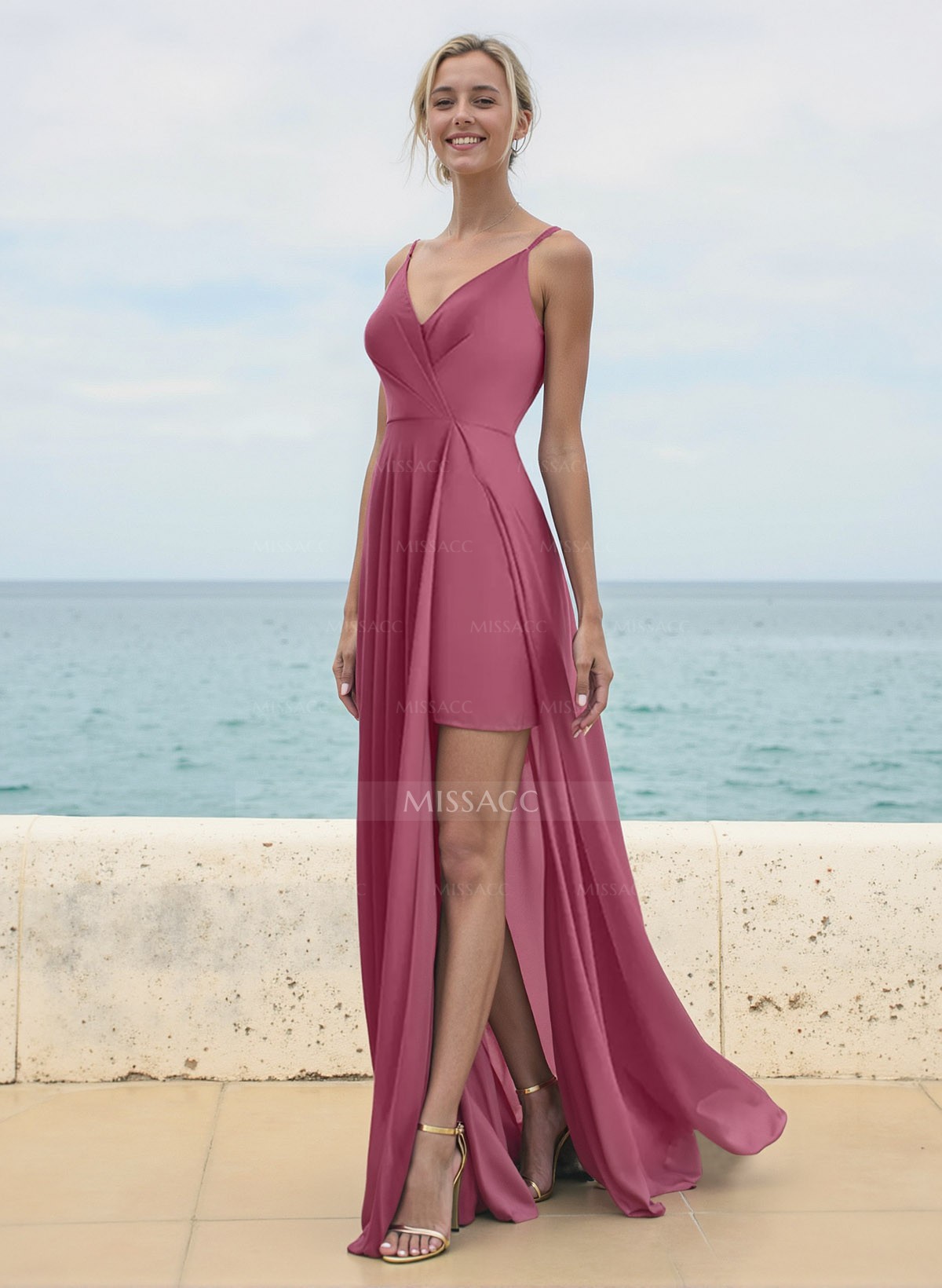 A-Line V-Neck Sleeveless Chiffon Bridesmaid Dresses With High Split