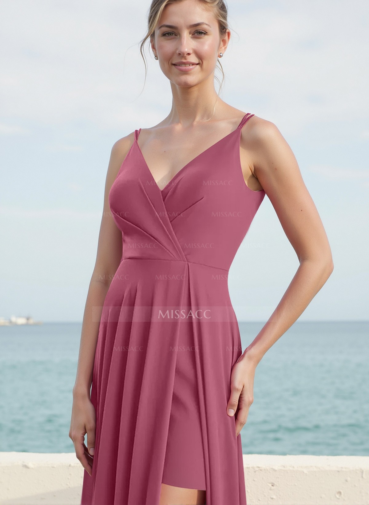 A-Line V-Neck Sleeveless Chiffon Bridesmaid Dresses With High Split