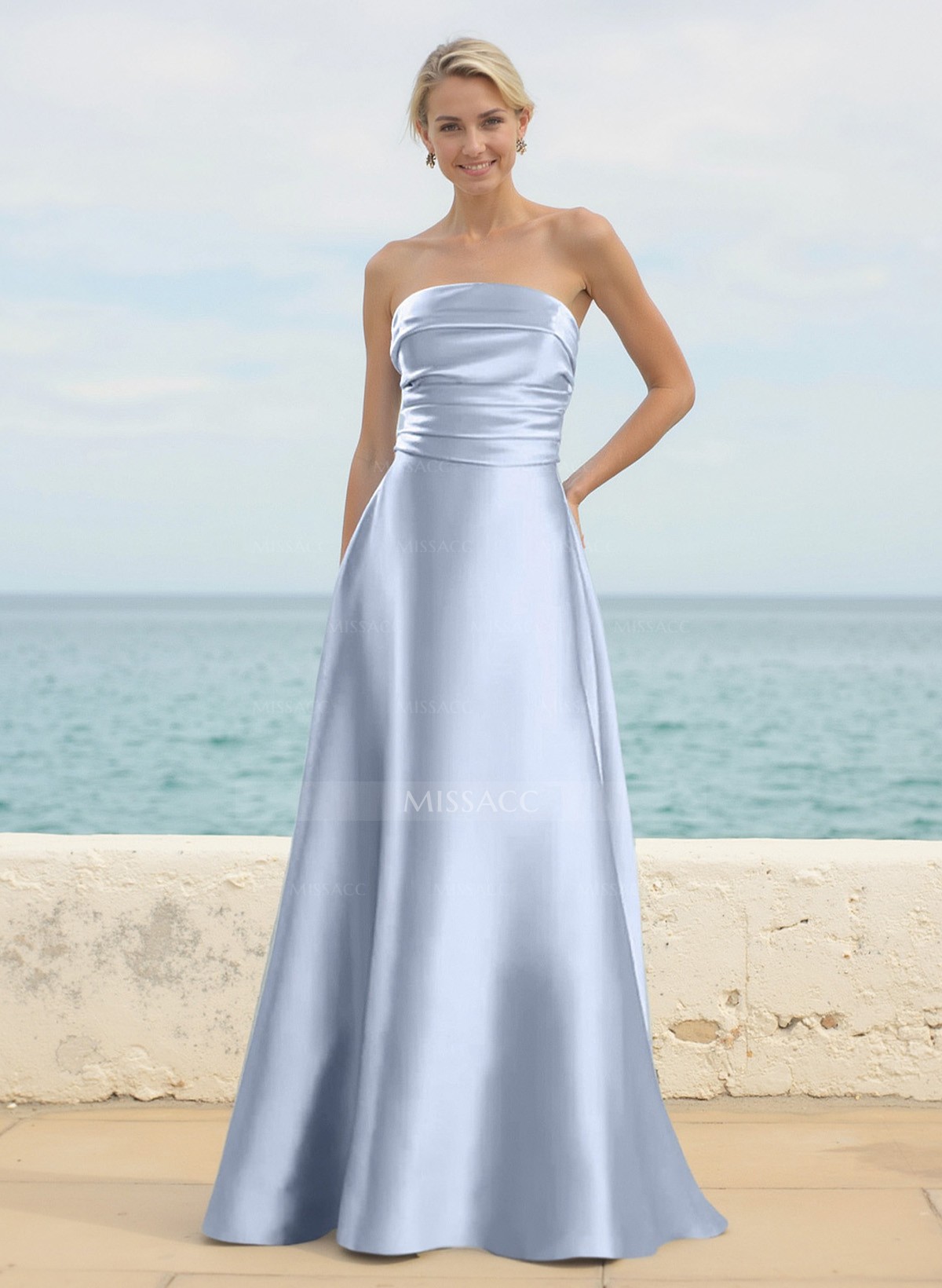 A-Line Strapless Sleeveless Floor-Length Satin Bridesmaid Dresses