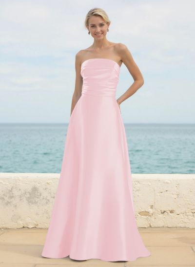 A-Line Strapless Sleeveless Floor-Length Satin Bridesmaid Dresses