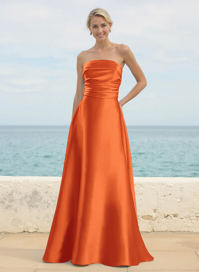 A-Line Strapless Sleeveless Floor-Length Satin Bridesmaid Dresses