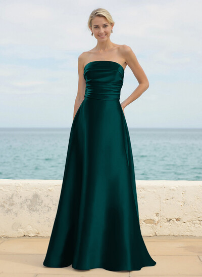 A-Line Strapless Sleeveless Floor-Length Satin Bridesmaid Dresses