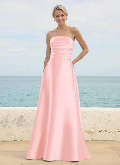 A-Line Strapless Sleeveless Floor-Length Satin Bridesmaid Dresses