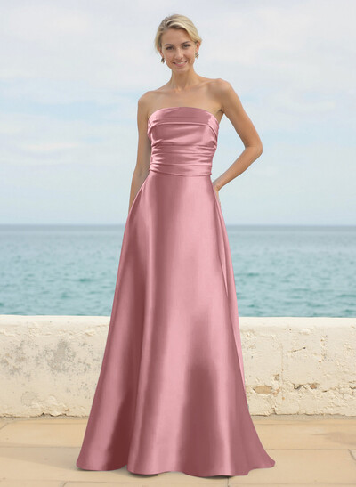 A-Line Strapless Sleeveless Floor-Length Satin Bridesmaid Dresses