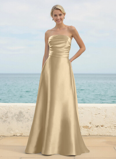 A-Line Strapless Sleeveless Floor-Length Satin Bridesmaid Dresses