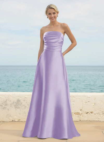 A-Line Strapless Sleeveless Floor-Length Satin Bridesmaid Dresses