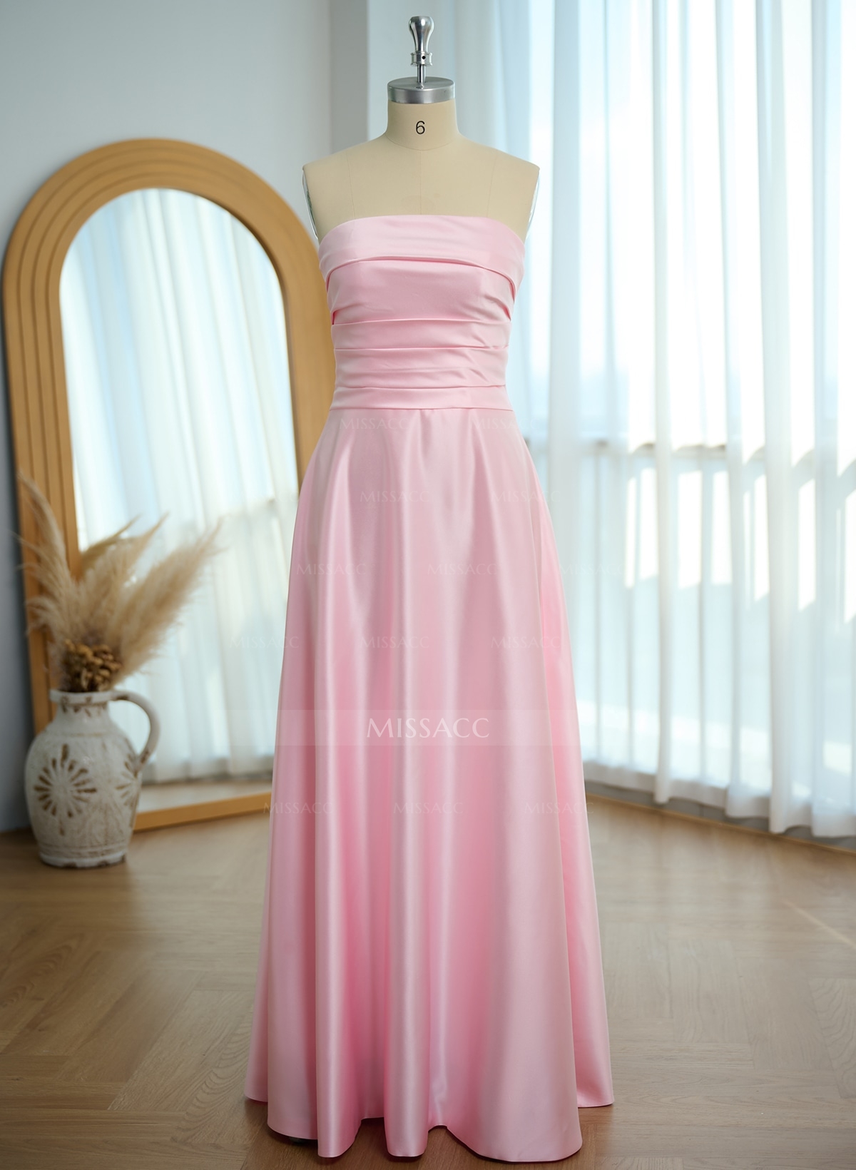 A-Line Strapless Sleeveless Floor-Length Satin Bridesmaid Dresses