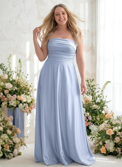 A-Line Strapless Sleeveless Floor-Length Satin Bridesmaid Dresses